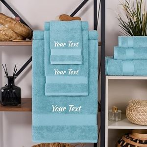 Soleus Personalized 6 Piece Bath Towel Set – Turkish Cotton, Luxury Soft & Absorbent, Monogrammed Towels with Initials, Name & Embroidery, Perfect for Bathroom, Spa, Gym & Beach - Aqua