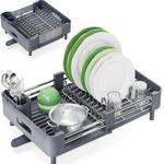 KINGRACK Dish Drainer Rack - Extendable Dish Rack, Stainless Steel Dish Drainer for Kitchen Counter, Draining Board Rack with Removable Cutlery Holder, Gray