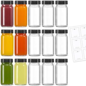 15 Pack 2 oz Glass Shot Mini Bottles w/ Black Lids & 15 Labels - Small Clear Jar for Ginger, Wellness Shot, Juice, Sample, Whiskey - Travel Essentials - Wide Mouth, Leakproof, Dishwasher Safe