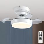 MADSHNE Low Profile Ceiling Fan with Lights, 24" Small Retractable Blades Ceiling Fans with Remote, White Modern Flush Mount Fandelier Ceiling Fans with Dimmable LED Lighting,Reversible