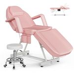 CyyKcc Beauty Bed and Hydraulic Stool, Adjustable 3-Section Massage Table w/Detachable Head Cushion, Professional Salon Tattoo Chair, Facial Lash for Client/Esthetician (Pink)