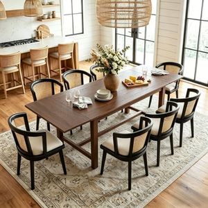 DM Furniture 9-Pieces Farmhouse Dining Table Set for 8, 59"-94" Extendable Kitchen Table & Upholstered Chairs, Solid Wooden Table with Woven Ratten Chair Living Room Restaurant - Walnut/Black