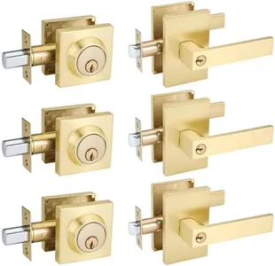 goldenwarm Gold Door Handle with Deadbolt, Square Contemporary Brushed Gold Exterior Door Lock Set with Deadbolt, Heavy Duty Zinc-alloyed Front Entry Door Locksets with Deadbolt(3 Pack)