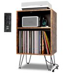 TC-HOMENY Record Player Stand with Charging Station & USB Ports, Turntable Stand with Record Storage, Vinyl Record Storage Cabinet with Metal Legs for Living Room, Bedroom, Office