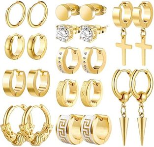 Funtopia Men Earrings, 11 Pairs Stainless Steel Small Hoop Earrings Cross Dangle Earrings Set, Fashion Huggie Earrings Piercing Jewelry for Party Birthday, No Gemstone