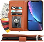 Cavor for iPhone XR Case,PU Leather Zip Pocket Wallet Flip Cover Case Magnetic Closure Book Design with Kickstand Feature & Card Slots Compartment for iPhone XR(6.1")-Brown