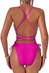 Lilosy Sexy Tie Criss Cross Plunge One Piece Thong Swimsuit High Cut Brazilian Bathing Suit, String Hot Pink, Medium