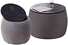 Round Ottoman with Storage, Set of 2 Nesting Small Coffee Table Fully Assembled, Wooden Accent Table Storage Ottoman for Living Room, Bedroom Grey One Size