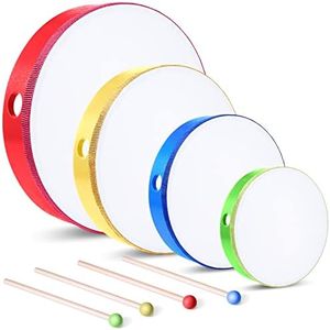 4 Pcs Kids Hand Drum Adults Wood Frame Drum Set with Drum Stick 12 Inch 10 Inch 8 Inch 6 Inch Percussion Musical Instruments for School Kids Adults Beginners Home Party Supplies (Multicolor)