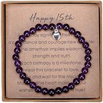 15 Year Old Girl Gifts for Birthday Amethyst Bead Bracelet with Sterling Silver Heart Charm 15th Birthday Gifts for Teen Girls with Card and Gift Box, 7 inch, Stone, no gem style