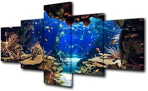 Ocean Fish Picture for Living Room Underwater World Painting Coral Reef Artwork Undersea Sea Life Wall Art 5 Piece Print on Canvas Giclee Aquarium Home Modern Decor Framed Ready to Hang(50''W x 24''H)