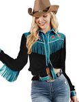 JOHN MOON Womens Fringe Western Long Sleeve Shirts Floral Embroidered Cowgirl Button Down Shacket Blouse Country Rodeo Outfit, Black