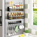 Miyawell Magnetic Spice Rack for Refrigerator, 3 Pack Magnetic Shelf, Fridge Organizer Shelves for Kitchen Organization and Storage, Moveable Space Saver Seasoning Racks with 8 Hooks, Metal&Black