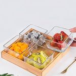 RAAHA Glass 4 Bowl Set with Wooden Tray, Glass Fruit Tray Divided Condiment Serving Bowls Buffet Server for Dessert Snack Fruit Dried Fruit Snack Tray,Serving Dishes (Set of 1)