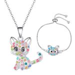 jagosen Girls Jewellery Set 2 PCS Cat Necklace Bracelet Set Sterling Silver Kids Crystal Cat Lovers Gifts for Women Girls Christmas Birthday Presents