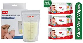 LuvLap Baby Breast Milk Storage Bags (Pack of 25), BPA Free Disposable Milk Freezer Bags for Breast Feeding, Transparent & Paraben Free Wipes for Baby Skin with Aloe Vera, 72 Wipes/Pack, 3 Packs