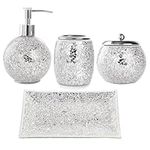 Premium Bathroom Accessory Set | 4-Piece Decorative Glass Bathroom Accessories Set | Soap Dispenser, Tray, Jar, Toothbrush Holder | Gift Idea | Elegant Silver Mosaic Glass (Silver)