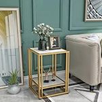 IronKaar Gold Finished Metal Square 2-Tier End Table for Living Room Coffee Table, Accent Table for Sofa Side Table, Bedroom and Home Decor (Gold White)