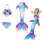 Venzina® Girls Swimsuit Mermaid Tail 3Pcs Swim Suit Set, Mermaid Princess Swimming Suit for Girls, Swimwear Bikini Kit Bathing Suit for Girls 6-7 Years Old