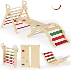 BlueWood Pikler Triangle Set, Toddler Wooden Climbing Toys Indoor 7in1 Climber, Foldable Kids Climbing Toys, Montessori Play Jungle Gym with Arch, Ramp, Ladder (Warm Winter Christmas)