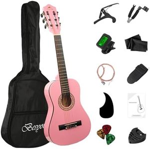 BESYOU 30in Beginner Acoustic Guitar Basic Starter Kit Tuner Bag Capo Strings Winders Strap Picks Student/Kids Guitar Pickguard with Gig Bag Pink