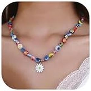Adramata Bohemia Collar con Colgante, Collar de Cuentas de Colores para Mujeres, Collar de Margaritas de Colores para Niñas Collar de Verano