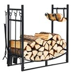 Tangkula 30 Inches Firewood Log Rack with 4 Tools Set, Fire Log Holder Storage Set with Brush, Shovel, Poker and Tongs, Fireplace Log Rack with Kindling Holders for Indoors and Outdoors