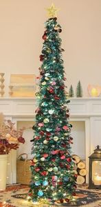 HMASYO 6 FT Pop Up Christmas Tree with 100 LED Lights & Remote, Green Christmas Tinsel Tree, Collapsible Artificial Pencil Tree for Home Office Party Decor, USB Powered Timer Lights, Easy Assembly
