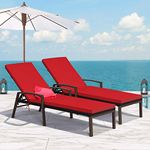 Tangkula 2 PCS Patio Rattan Chaise Lounge Chair, Outdoor Reclining Chaise with Cushion and Armrest, Wicker Sun Lounger with Adjustable Backrest for Garden, Balcony, Poolside (Red)