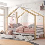 Merax Kids Single Bed Frames Toddler Beds Storage Underneath 3FT Single Bed with Storage Solid Pine Wood House Tree Canopy Bed for Children Girls and Boys Toddler Bed (Wood)