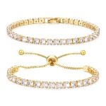 TempBeau Tennis Bracelets for Women 2Pcs Gold Plated Stainless Steel Cubic Zirconia Bangles Adjustable Diamond Bracelet Birthday Wedding Costume Jewelry Gifts for Girls Bride Mom Girlfriend