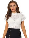 Allegra K Women's Lace Keyhole Back Top Short Sleeve Stand Collar Semi Sheer Blouse White Large