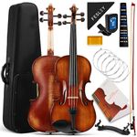 Fesley Violin 4/4 Full Set, Flame Maple Solid Wood Fiddle Violins with Hard Case, Full Size Violin Kit with Bow, Rosin, Shoulder Rest, Tuner, Extra Strings, Cleaning Cloth, Finger Guide