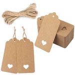 joycraft 100Pcs Kraft Hollowed-Out Heart Gift Tags, Blank Paper with String Hangtags, Personalized Gift Wrapping Tags for Wedding, Baby Shower, Birthday Party, and DIY Crafts （3.74"x1.77"）