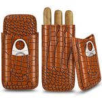 CHFG Cigar Cases 3-Finger Leather Cedar Wood Lined Cigars Humidor with Cutter Gift for Men (Brown Crocodile)