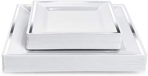 MATANA 40 Fancy White Plastic Plates for Party with Silver Rim - Heavy Duty Square Dinner Plates 9.5" Inch x 20, Salad & Dessert Plates 6.5" Inch x 20 for Wedding Reception, Birthday Parties & Events