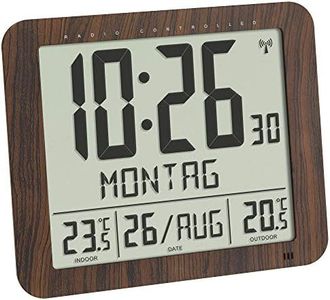 TFA Dostmann Radio Wall Clock Wood Look, 60.4518.08, Transmitter, Indoor and Outdoor Temperature, Easy to Read, with Date and Day of The Week, Brown, (L) 248 x (B) 25 (73) x (H) 206 mm