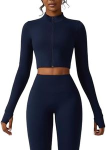 Yknktstc Womens Full Zip Athletic Jacket with Thumbhole Long Sleeve Crop Top Running Workout Yoga Sportswear Shirt M Navy Blue