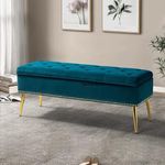 FESTIVAL BAZAR Upholstered Flip Top Storage Bench For Living Room| Storage Bench In Golden Steel Legs (Teal), Love Seats