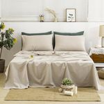 TUMEI 4 Pieces 100% Stonewashed French Linen Bedding Sheets Set, 16" Deep Pocket, 1 Fitted Sheet & 1 Flat Sheet & 2 Pillowcases, Solid Color, Soft & Comfortable (Natural Color, Queen Size)