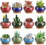 Lawei 12 Pack Ice Crack Succulent Pots with Bamboo Saucer - Ceramic Mini Cactus Plant Pots Flower Pots Container Planter for Home Garden Office Decoration