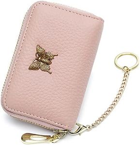imeetu RFID Credit Card Holder for Women Small Leather Zipper Card Case Wallet with Removable Keychain, Pink, Small, Credit Card Case Wallet