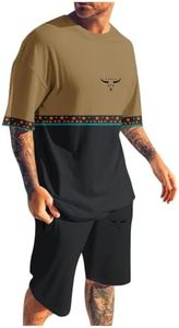 Mens 2 Piece Outfits Short Sleeve Western Graphic Colorblock Crewneck T-Shirt and Elastic Waist Shorts Set Vintage Shirts for Men Tees Gym Stuff Usa Yellow Tracksuit,03# Black,XL