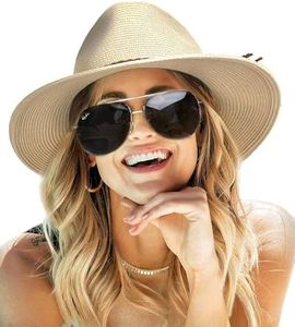 FURTALK Sun Hats for Women Summer Wide Brim UV UPF 50+ Panama Fedora Foldable Packable Straw Beach Hat Beige