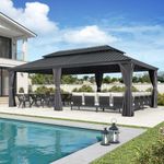 PURPLE LEAF 14' X 24' Outdoor Hardtop Gazebo Aluminum Pavilion with Galvanized Steel Double Roof for Garden Patio Lawns Permanent Gazebo with Curtains and Nettings Grey