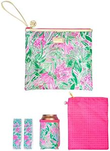 Lilly Pulitzer Water Resistant Vinyl Beach Day Pouch, Zipper Bag Includes Drink Hugger, Small Pouch, and Towel Clips, Coming in Hot