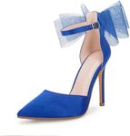 Coutgo Women's Closed Pointed Toe High Heels with Bow Knot Ankle Strap Satin Stiletto Pumps,Royal Blue, Size 6