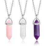 ALEXCRAFT 3PCS Healing Crystal Necklaces for Women，Rose Quartz Aventurine Amethyst Crystal Necklace Set Natural Hexagonal Pointed Gemstone Necklace Pendant for Men (Rose Clear Amethyst)