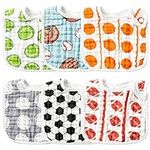 Zainpe 6Pcs Snap Muslin Cotton Baby Bibs Soccer Basketball Rugby Pattern Infants Feeding Bib Adjustable Machine Washable Unisex Burp Cloths with 6 Absorbent & Soft Layers for Drooling Teething Eating