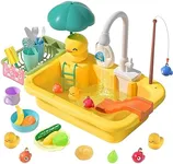 CUTE STONE Play Sink with Running Water, Kitchen Sink Toys with Play Food and Kitchen Utensils, Pool Floating Toys for Fishing Game, Children Role Play Electric Dishwasher Toy Gift for Boys Girls